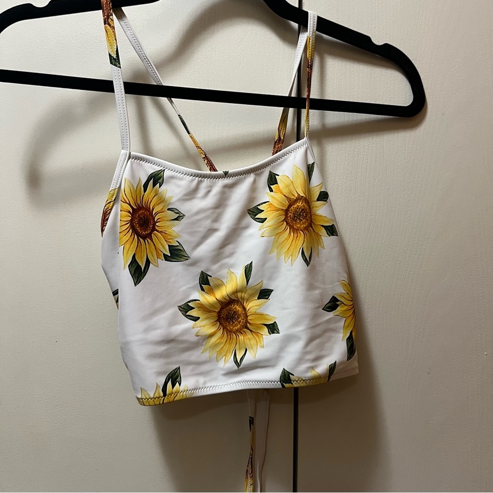 Sunflower Print White Crop Top Swim Top with Tie Up Back